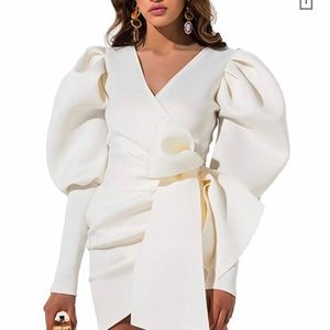 Off shoulder puff ruffle long sleeve wrap dress